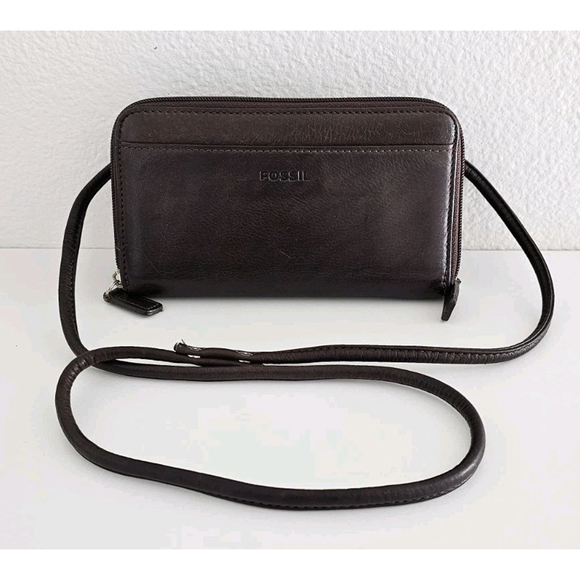Vintage FOSSIL Dark Brown Leather Crossbody Purse Wallet Organizer - Very Clean - Picture 3 of 15